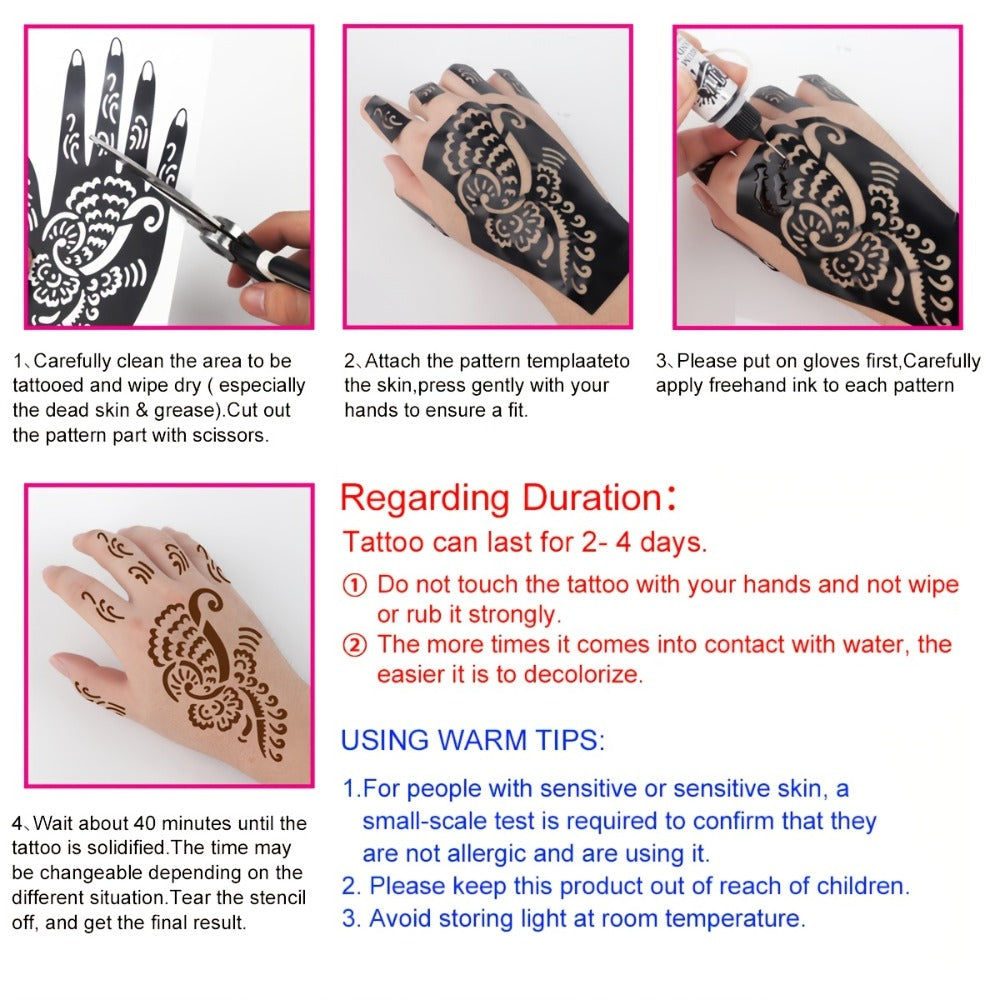 Fake Freckles Jagua Gel Kit Semi-Permanent Temporary Tattoo Ink, 3 Brown & Red Ink Bottles, 6 Stencils &