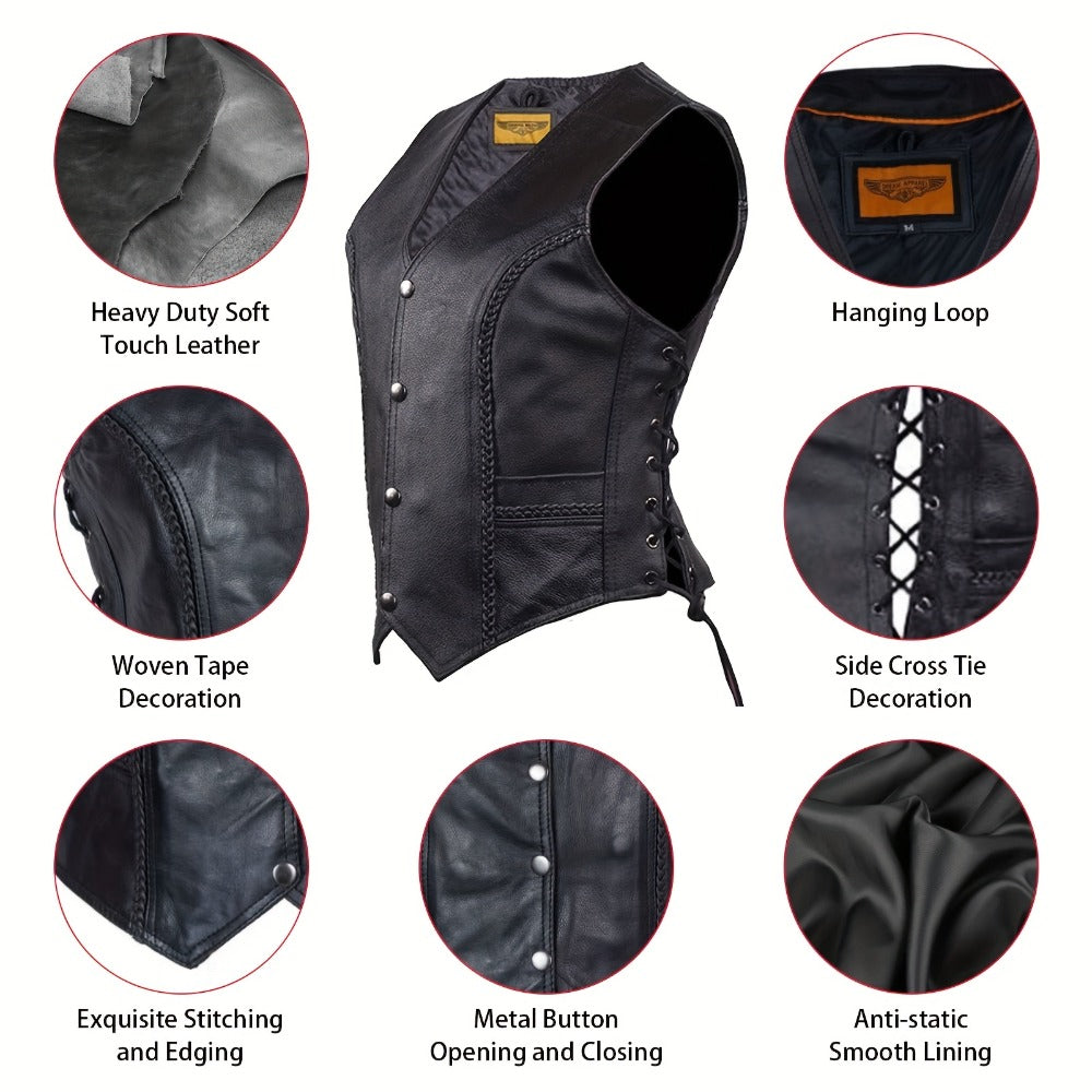 Women's Leather Motorcycle Vest – Concealed Carry Pockets, Lace-Up Sides, Metal Eyelet Accents, Adjustable Straps, Edgy Biker Style, Black