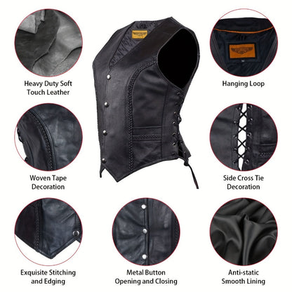 Women's Leather Motorcycle Vest – Concealed Carry Pockets, Lace-Up Sides, Metal Eyelet Accents, Adjustable Straps, Edgy Biker Style, Black