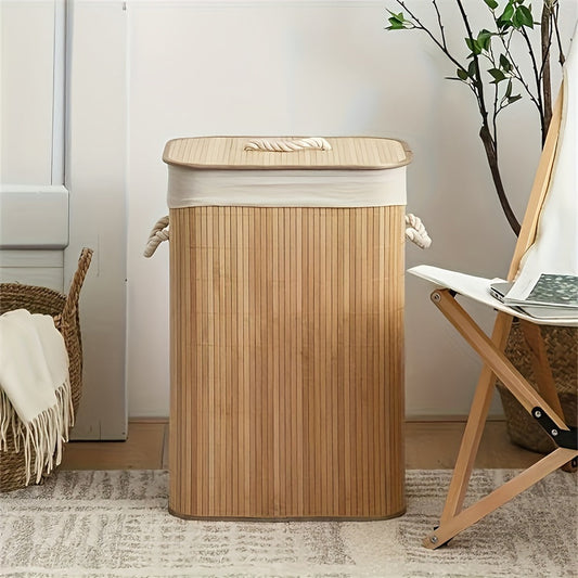 Upgrade or Ordinary Rectangular Collapsible Laundry Hamper with Slatted Body, Lid and Side Handles