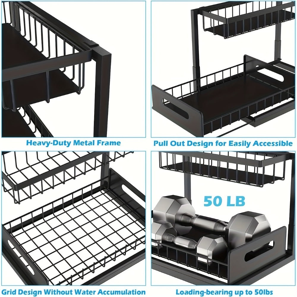 L-Shaped Pull-Out Cabinet Organizer with 14.4 x 10.6 x 11 Inch Frame, 7 Inch Pipe Clearance and 1- or 2-Piece Options