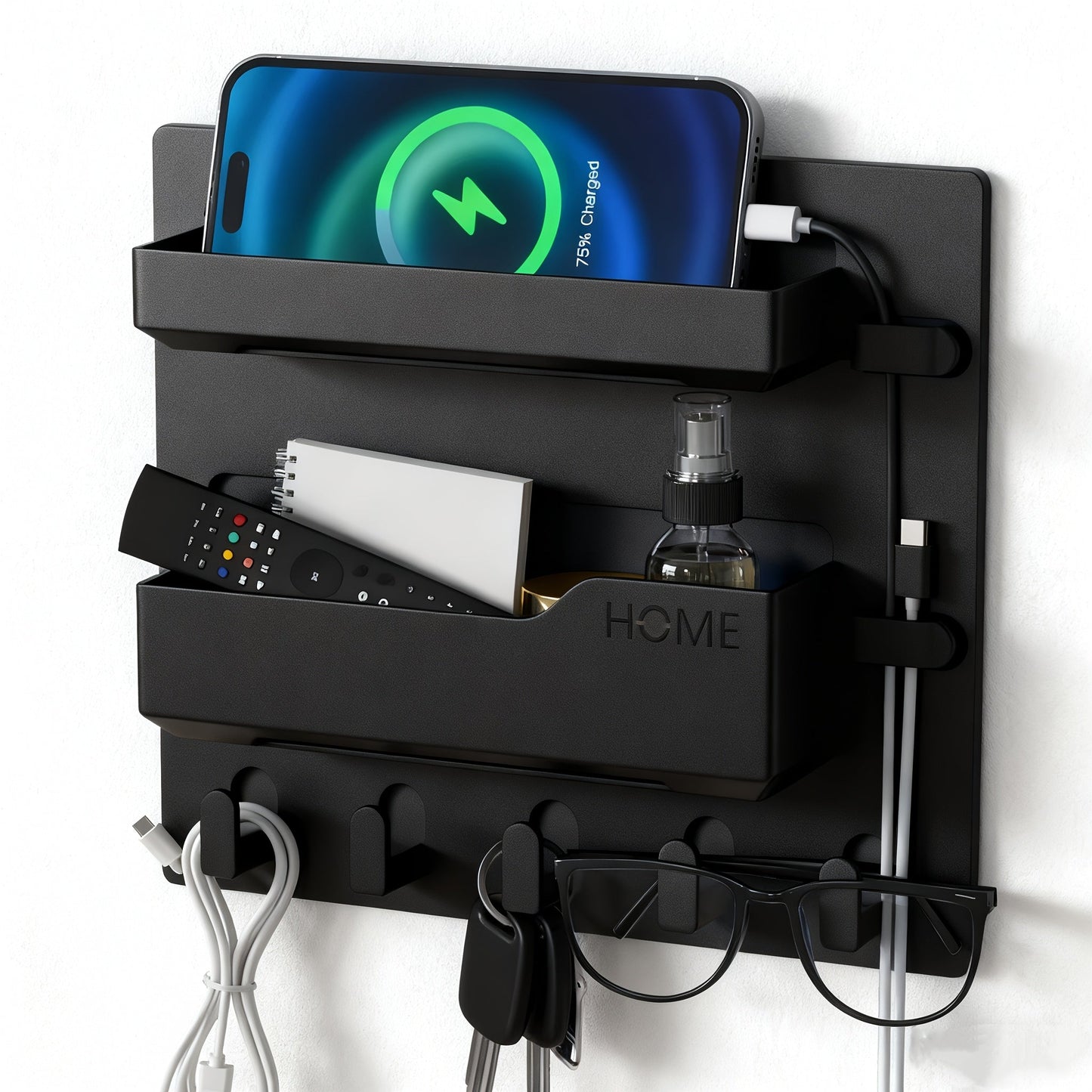 Self-Adhesive Bedside Wall Organizer Shelf with Dual Trays, Five Hooks and Black or White Finish