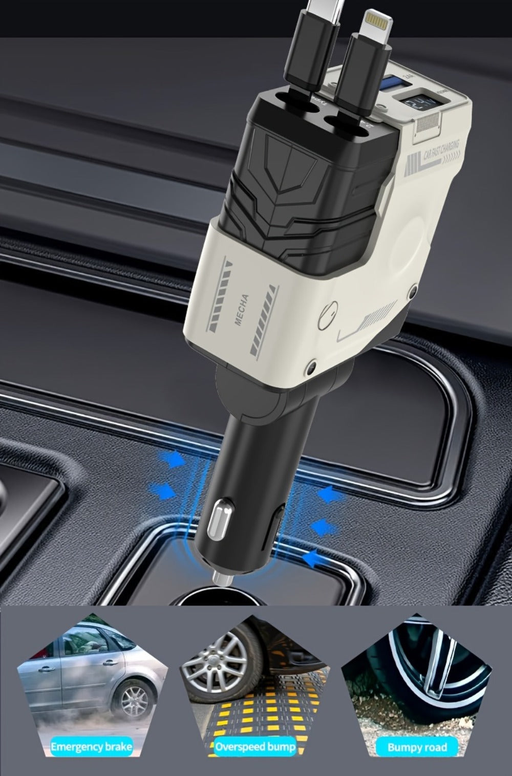 120W Fast Car Charger 4-in-1 with Retractable PD 3.0 Type-C Cable & Multi-Port USB Adapter