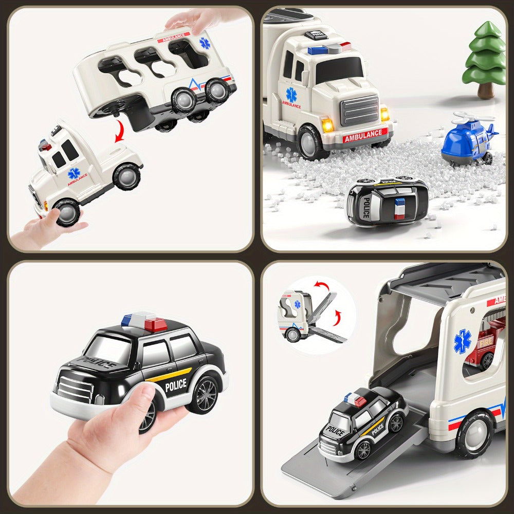 Ambulance Truck Toy 5-in-1 Carrier Set with Lights & Sounds, Friction Power Emergency Vehicle Playset for Kids Boys Ages 3+