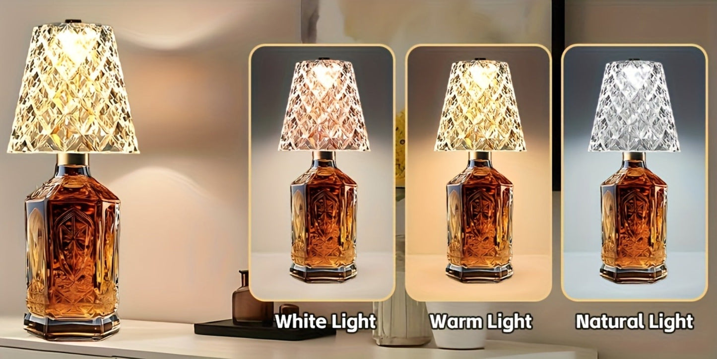 Table Lamp for Wine Bottles with Acrylic Crystal Shade, 2000mAh Battery, Three Colors and One or Two-Pack Options