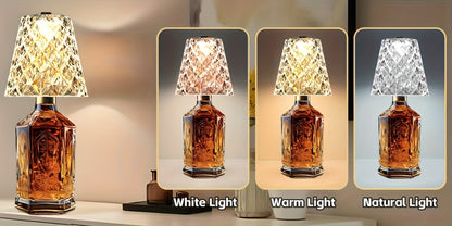 Table Lamp for Wine Bottles with Acrylic Crystal Shade, 2000mAh Battery, Three Colors and One or Two-Pack Options