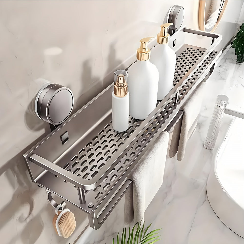 Suction Cup Shower Caddy with Towel Holder Bar, Wall-Mounted Bathroom Shelf Organizer for Shampoo Soap, Heavy-Duty Floating Shower Shelves