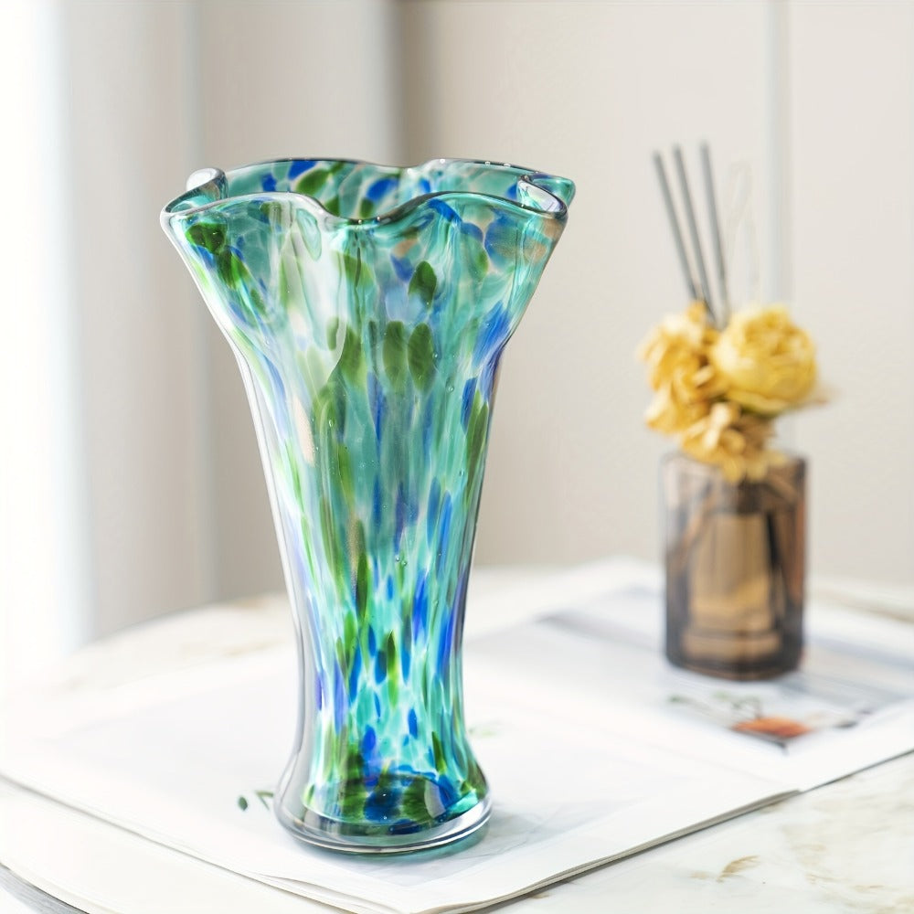 Hand Blown Glass Vase Colorful Wide Mouth, Teal Green Art Glass Flower Vase for Fresh Flowers & Spring Arrangements