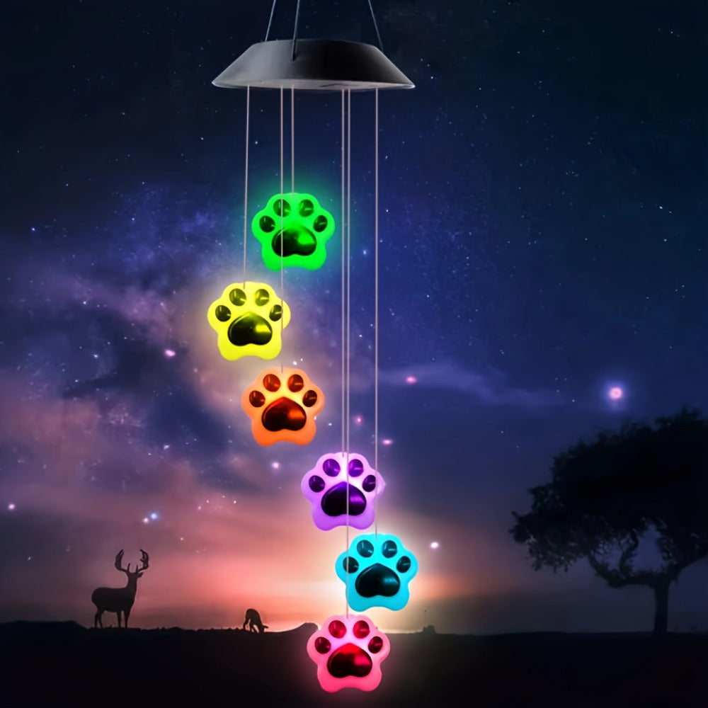 Solar Wind Chime Light Paw Print RGB Color Changing Outdoor Garden Hanging Decoration for Entryways, Bedrooms and Living Spaces