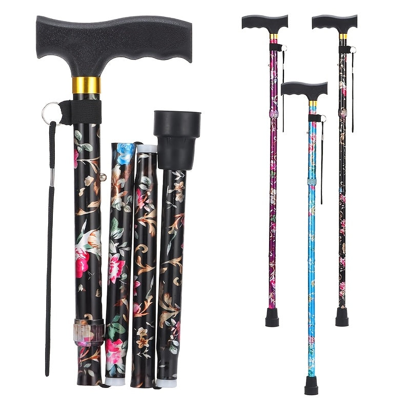 Foldable Walking Cane for Seniors Adjustable Height Folding Stick with Wrist Strap T-Handle for Entryways, Bedrooms and Living Spaces