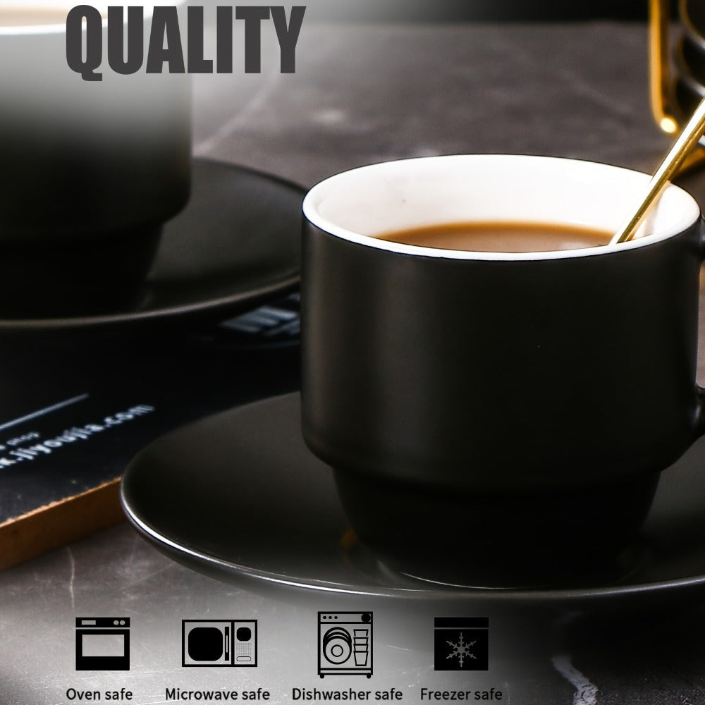 Espresso Cups Set of 6 with Saucers, Spoons & Metal Stand, 4oz Stackable Ceramic Cappuccino Mugs for Double Espresso