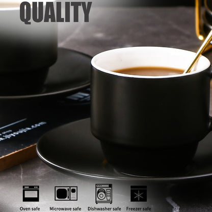 Espresso Cups Set of 6 with Saucers, Spoons & Metal Stand, 4oz Stackable Ceramic Cappuccino Mugs for Double Espresso