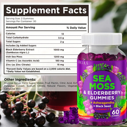 9-in-1 Sea Moss Gummies with Shilajit, Elderberry, Ginger, Turmeric, Ashwagandha & Black Seed Oil