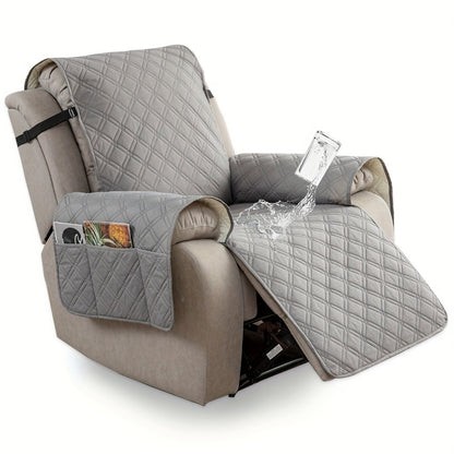 Quilted One-Piece Recliner Chair Cover with Side Pockets, Back Buckle Strap and 11 Color Options