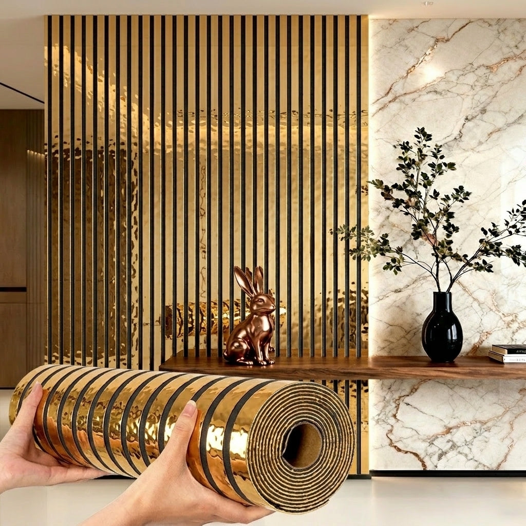 3D Mirror Slat Wall Panel Self-Adhesive Peel and Stick Gold Silver Metallic Grid Wall Sticker, for Entryways, Bedrooms and Living Spaces