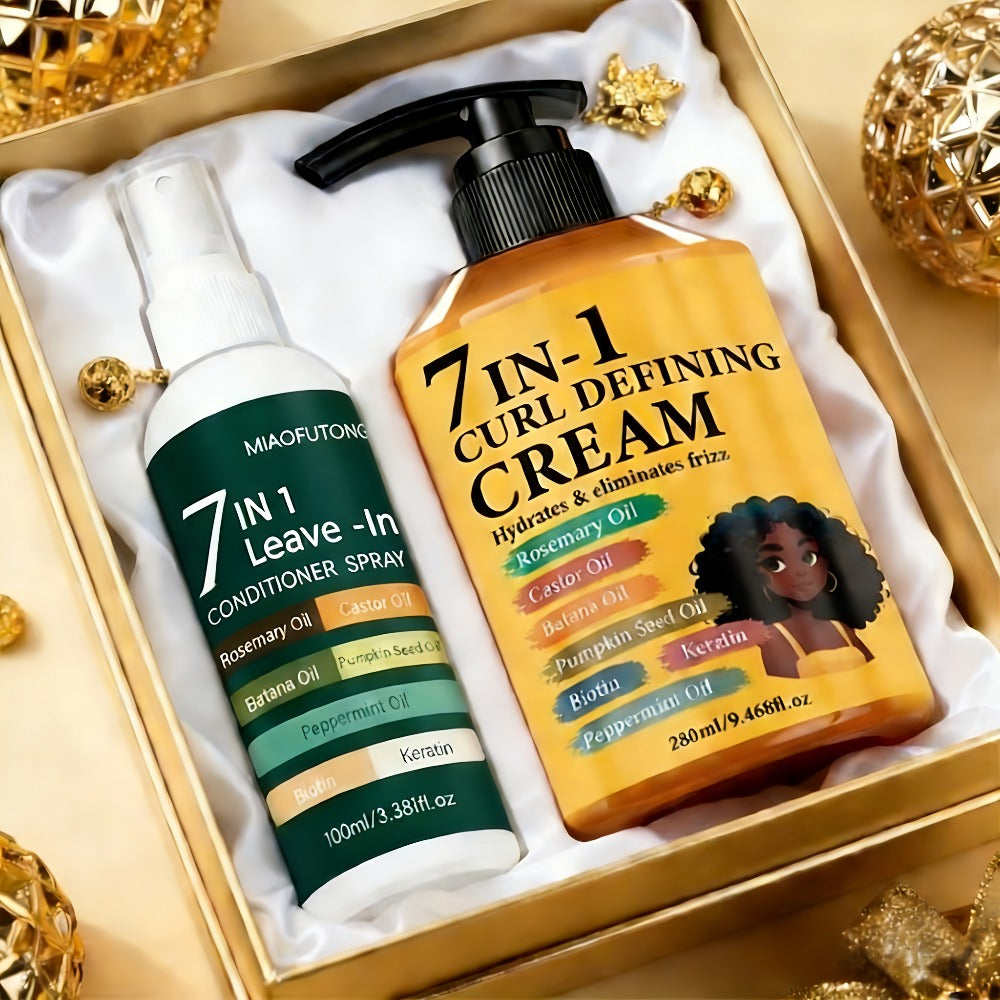 Rosemary Hair Growth Styling Cream & Leave-In Conditioner Spray Set 2pcs - 7-in-1 Formula with Castor