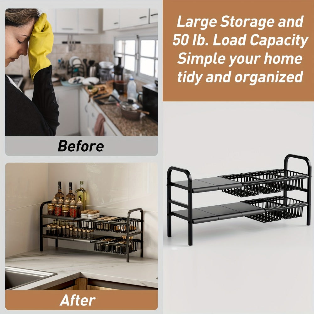 Expandable Under Sink Organizer 2-Tier Cabinet Shelf with 5 Removable Panels & 5 Baskets, Adjustable Under Sink Storage Rack for Kitchen