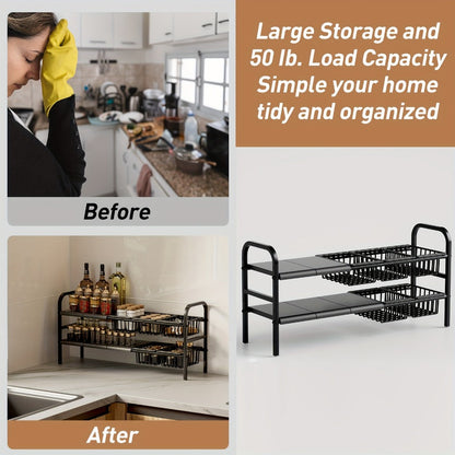 Expandable Under Sink Organizer 2-Tier Cabinet Shelf with 5 Removable Panels & 5 Baskets, Adjustable Under Sink Storage Rack for Kitchen