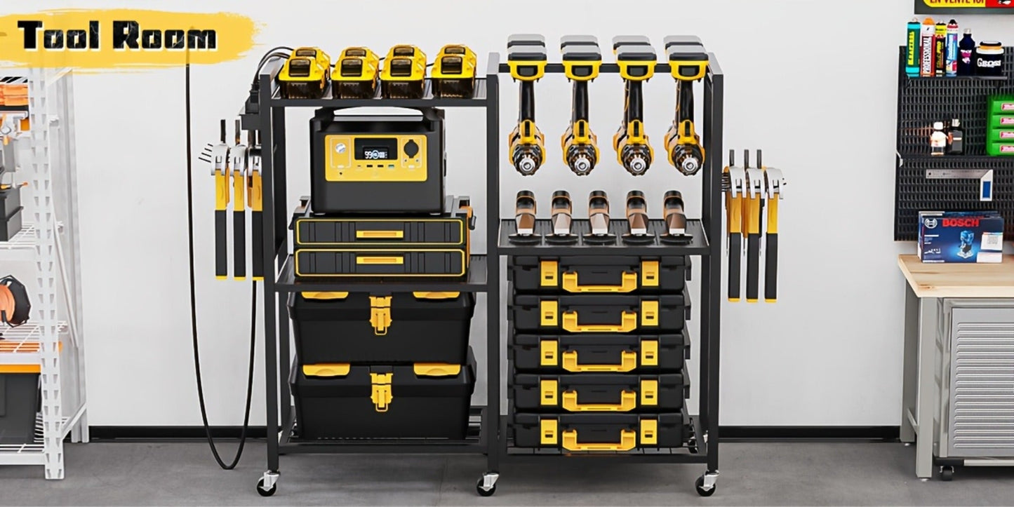 Mobile Tool Cart with Charging Station, 12 Drill Holders & 5 Storage Shelves Power Tool Organizer