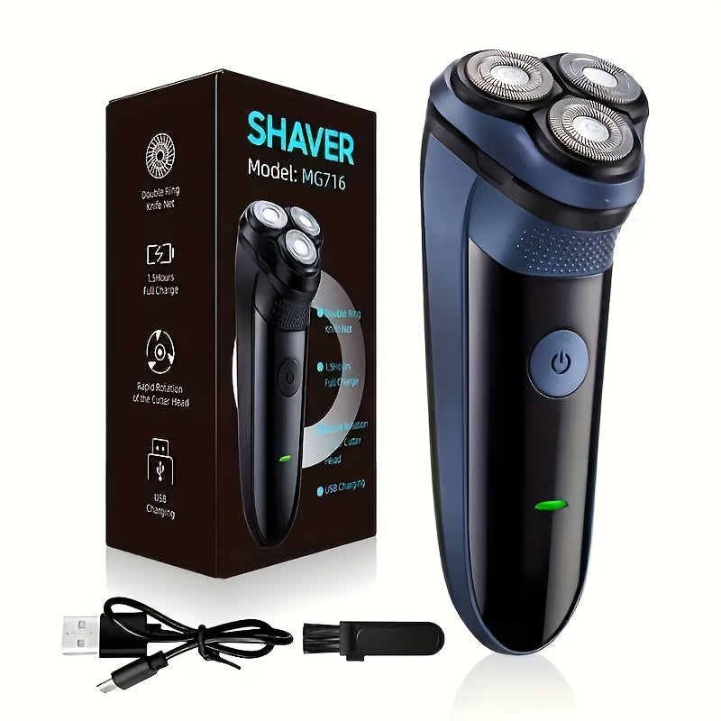 Electric Shaver Cordless Rotary Grooming Kit with USB Charging Cable in Blue or Black for Daily Use