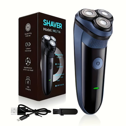 Electric Shaver Cordless Rotary Grooming Kit with USB Charging Cable in Blue or Black for Daily Use