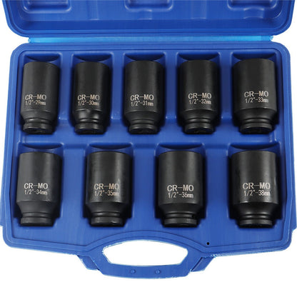 Deep Impact Socket Set 9pcs 29-38mm – 1/2" Drive Metric Axle Hub Nut Sockets for Installation & Removal, Heavy-Duty Plastic Construction