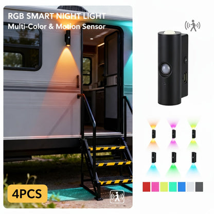 Motion Sensor Wall Lights 4-Pack – Rechargeable Magnetic Dual-Head LED Night Light, RGB & Tri-Color, Wireless for RV, Bedroom, Stairs
