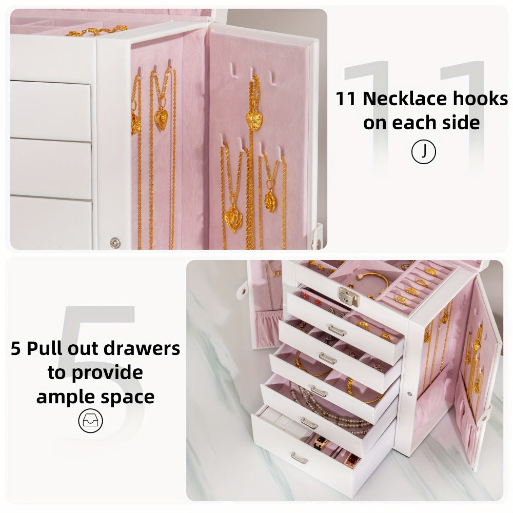 Jewelry Organizer 6-Tier Brown Storage Box with 5 Drawers, Built-In Mirror and Key-Lock Closure