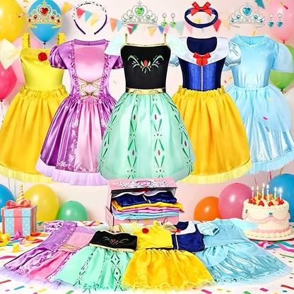 Girls Princess Dress Up Costume Set 14pcs, 5 Role Play Outfits with Crowns, Earrings & Storage Box