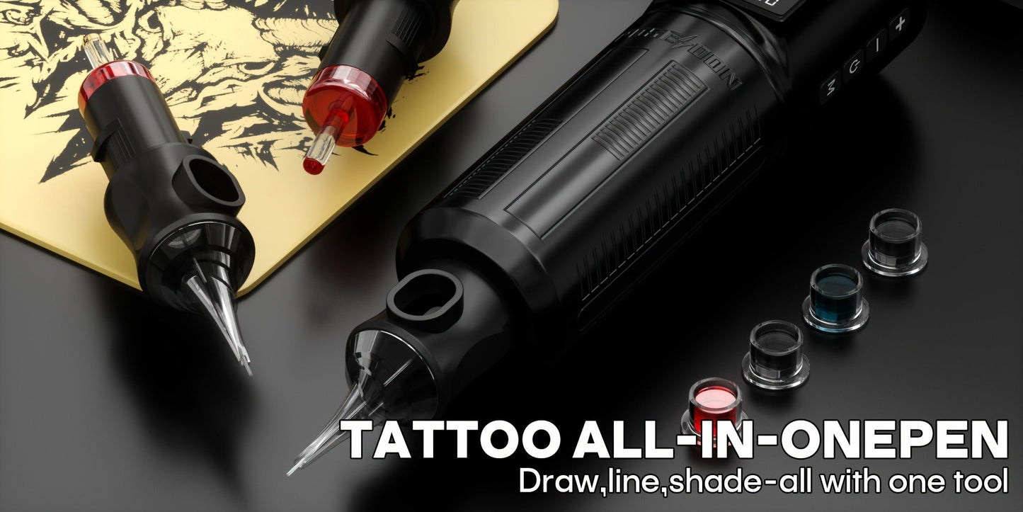 Tattoo Machine Kit POSEIDON BT29 Wireless Rotary Pen with LED Color Screen, 2300mAh Battery, 10 Cartridges and 11 Inks