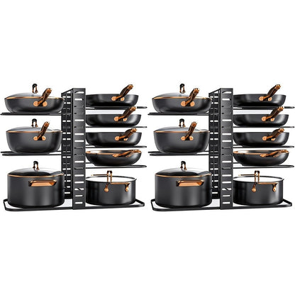 Eight-Tier Pot and Pan Organizer Rack in Black with Side Cookware and Lid Positions, One- or Two-Piece Sets