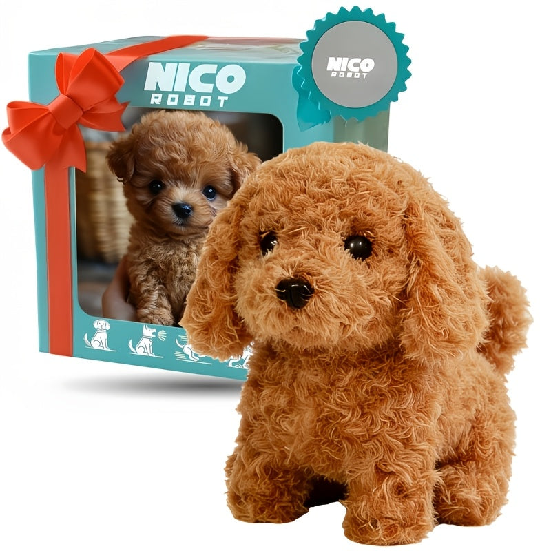Electronic Plush Puppy Toy Walks Barks Wags Tail, Realistic Robotic Teddy Poodle Dog Stuffed Animal with Gift Box for Kids Toddlers