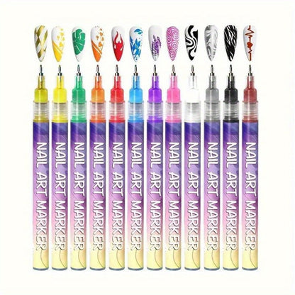 Metal Rod Nylon Brush Nail Art Pen Set 12 Colors – Acrylic Paint Pens for 3D Doodle Dot & Stitching Nail Design
