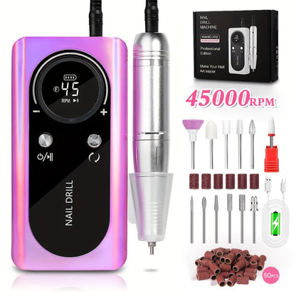 Low Noise Nail Drill Machine 45000RPM Rechargeable with LCD Display – Quiet Electric E-File for Gel Polish Acrylic Natural Nails