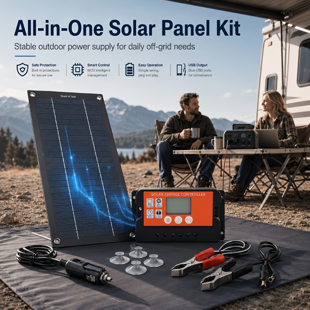 Slim Monocrystalline Solar Charging Panel Kit with Orange Controller, Clip Leads and Suction Cups