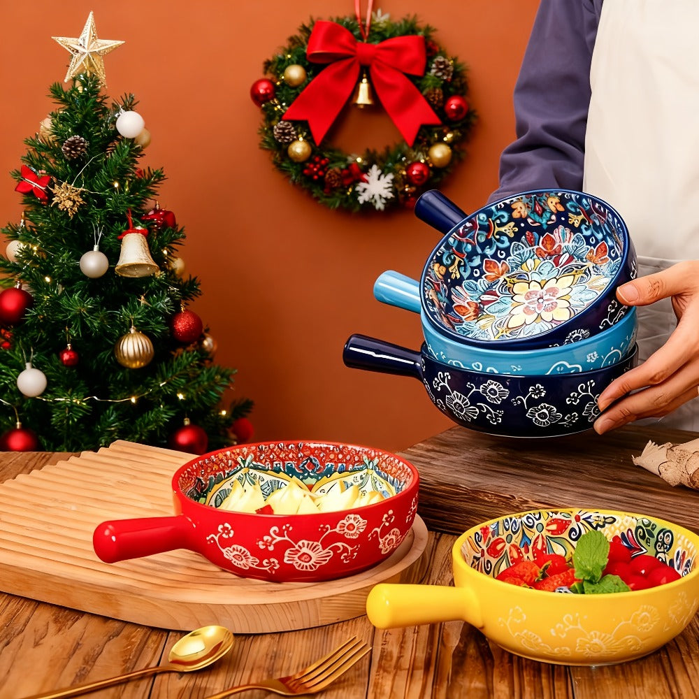 Ceramic Salad Bowl Set of 4 Bohemian Style 8.7 Inch with Handles Microwave and Oven Safe Colorful Serving Bowls for Home Baking Table
