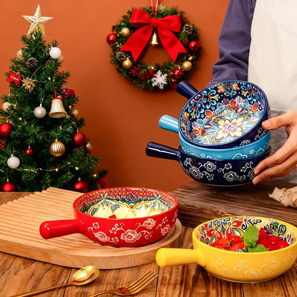 Ceramic Salad Bowl Set of 4 Bohemian Style 8.7 Inch with Handles Microwave and Oven Safe Colorful Serving Bowls for Home Baking Table