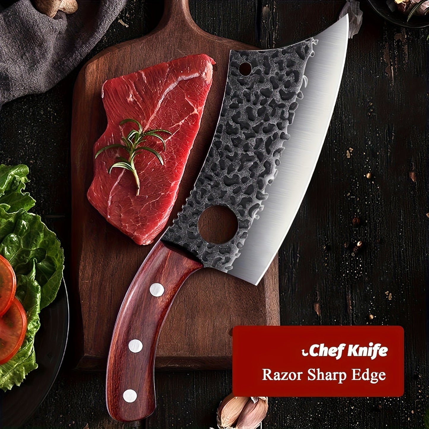 Chef Knife Hand Forged, High-Carbon Steel Viking Cleaver Full Tang Oak Handle with Sheath for Home Cooking, Dining and Outdoor Meals
