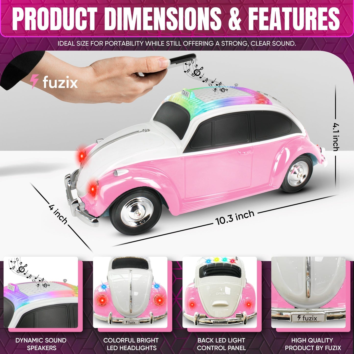 Fuzix WS-1958 Vintage Car Bluetooth Speaker with LED Headlights & Taillights | Retro Wireless Stereo, FM Radio, AUX/USB/TF, Built-in Mic