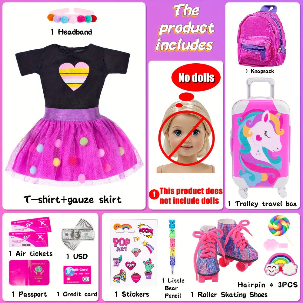 18 Inch Doll Travel Accessories Set 25 Pcs, Unicorn Suitcase Roller Skates Backpack Outfit Hairpins School Supplies