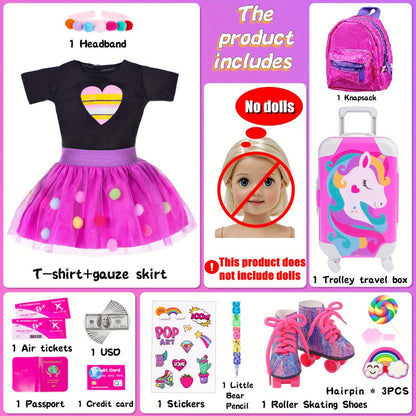 18 Inch Doll Travel Accessories Set 25 Pcs, Unicorn Suitcase Roller Skates Backpack Outfit Hairpins School Supplies