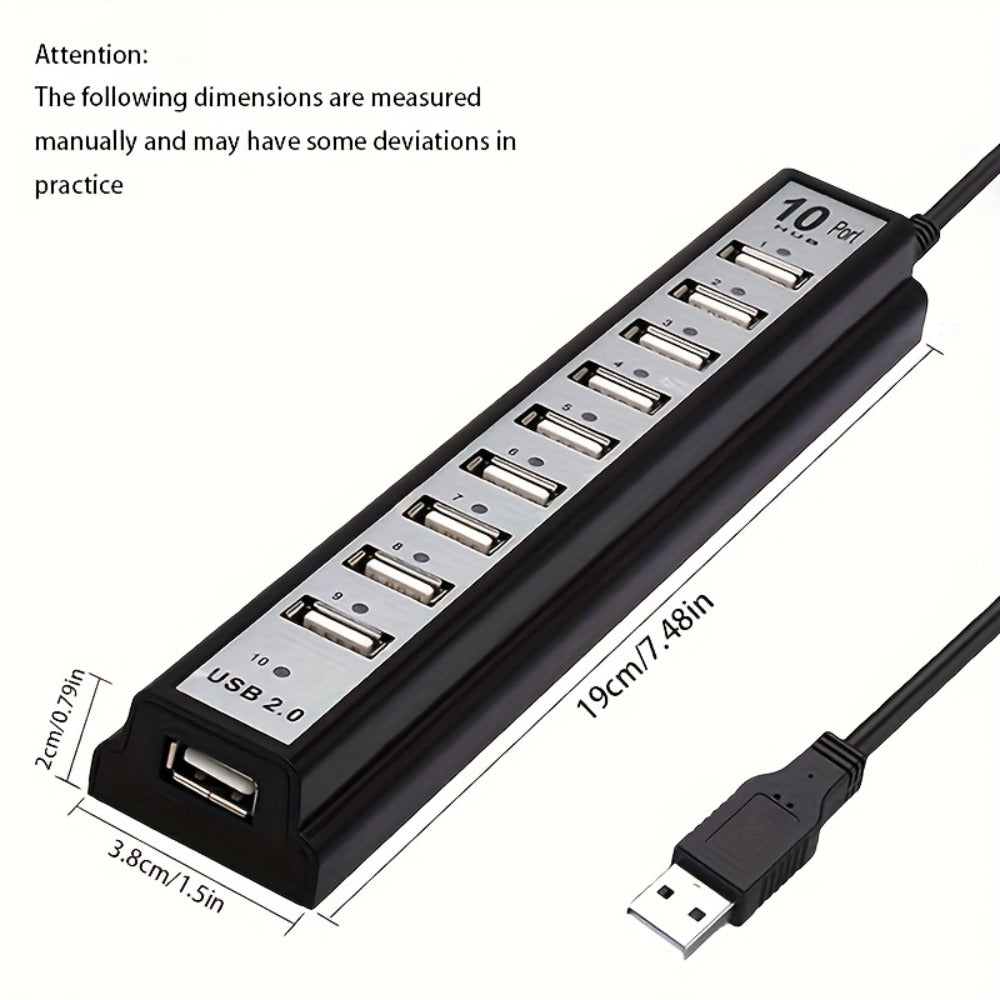 Black 10-Port USB 2.0 Hub with USB-A Host Cable, Numbered Ports and DC Power Input for Desktop Expansion