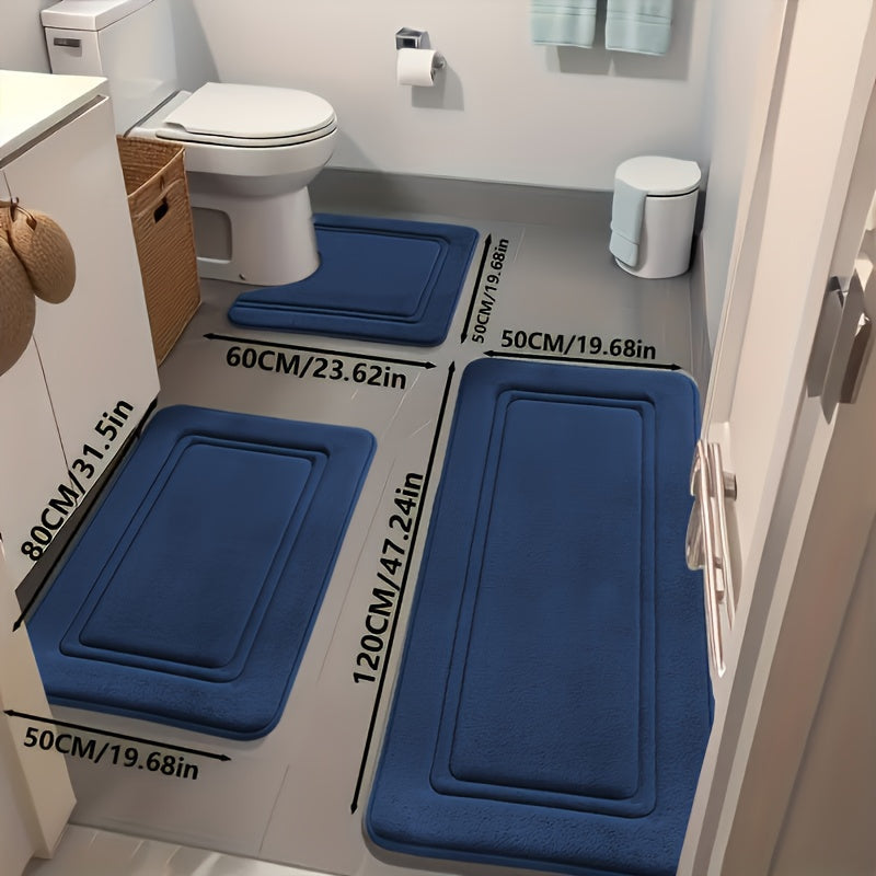 Three-Piece Bathroom Mat Set with 50 × 120, 50 × 80 and 50 × 60 cm Rugs in Five Solid Colors