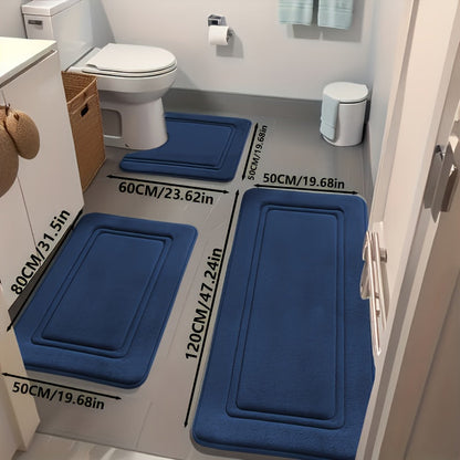 Three-Piece Bathroom Mat Set with 50 × 120, 50 × 80 and 50 × 60 cm Rugs in Five Solid Colors