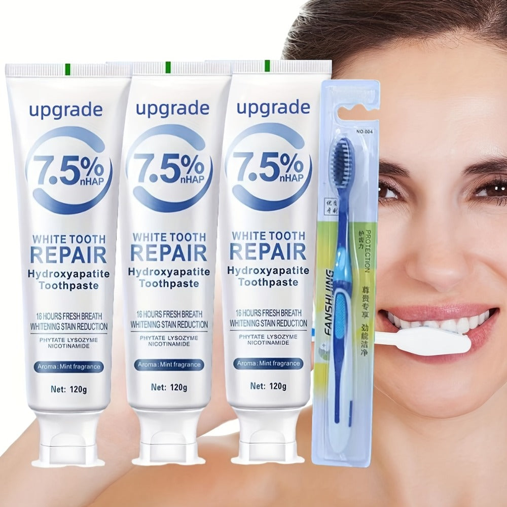 Hydroxyapatite Toothpaste 3-Pack 7.5% Nano Formula Whitening Toothpaste with Toothbrush Teeth for an Everyday Personal Care Routine