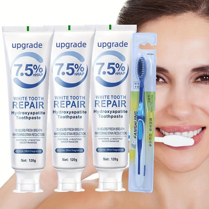 Hydroxyapatite Toothpaste 3-Pack 7.5% Nano Formula Whitening Toothpaste with Toothbrush Teeth for an Everyday Personal Care Routine