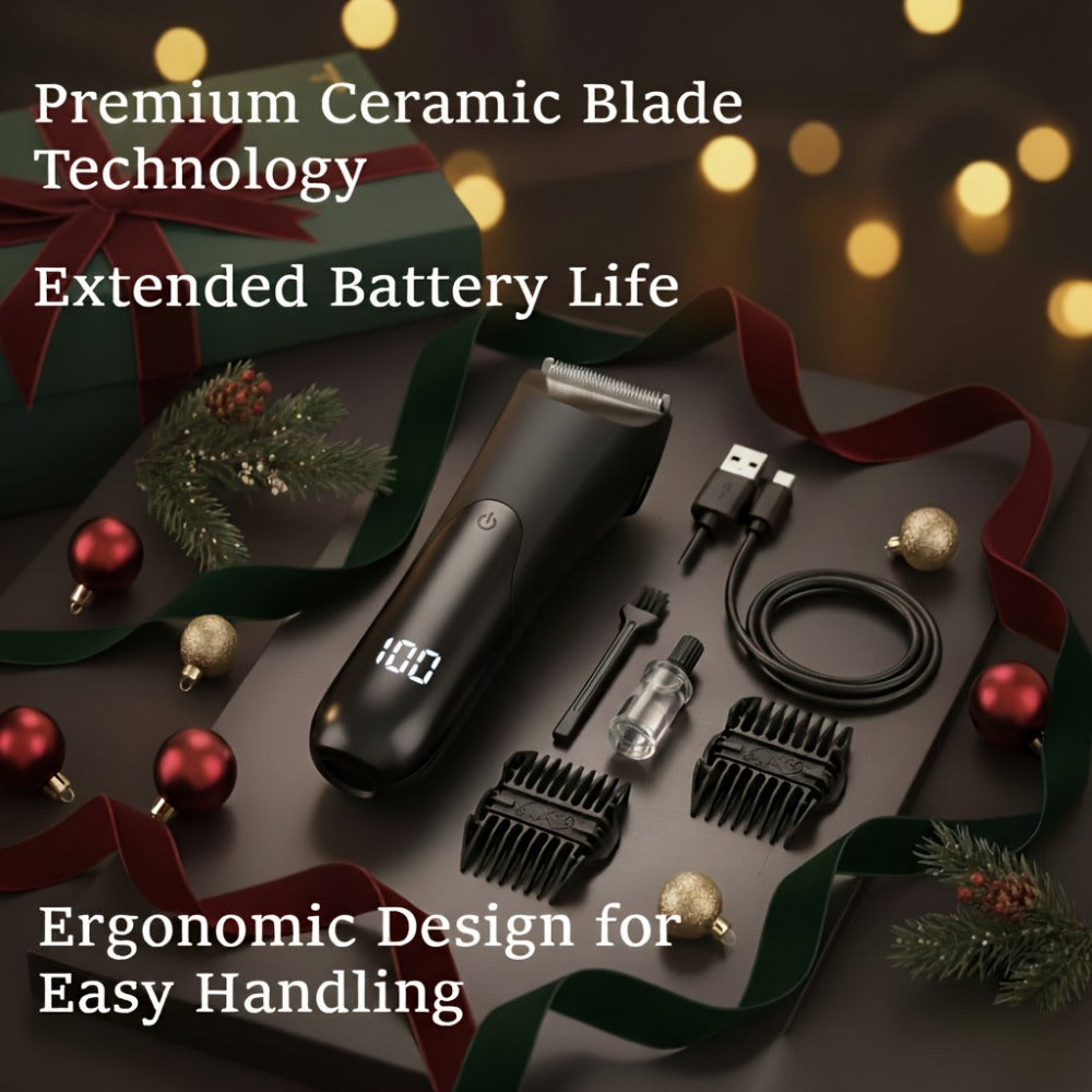 V-Shaped Ceramic-Blade Body Hair Trimmer with LCD Display, USB Cable, Guide Combs and Six Finish Options