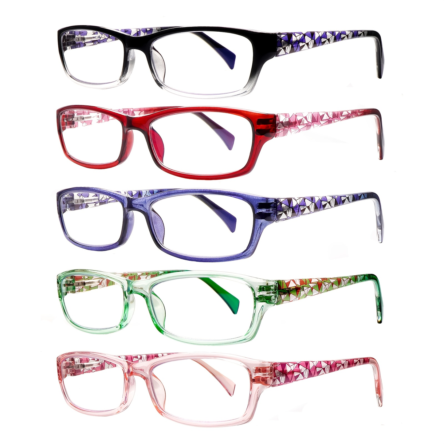 Reading Glasses – Five-Pair Rectangular Set with Spring Hinges and Mixed Colors with Multiple Strength and Color Options