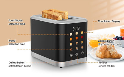 Smart Digital Toaster 2 Slice with Touch Screen LCD Display, 6 Bread Types & 6 Shade Settings, Extra Wide Slots, Stainless Steel – Bagel