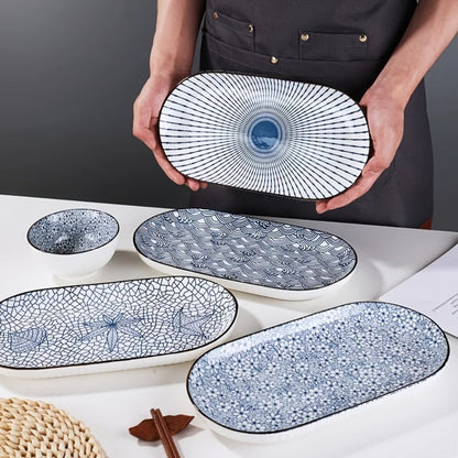 Japanese Blue White Porcelain Fish Plates Set of 4 – 12 Inch Ceramic Serving Plates, Microwave & Oven Safe Steaming Baking Tableware